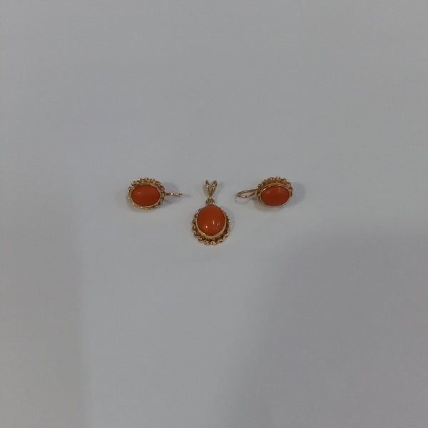 14K Gold & Coral Earring & Pendant Set - Big Reuse