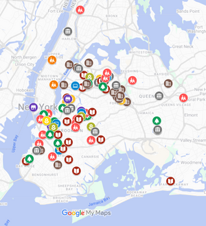 Map of New York City with various icons indicating different types of businesses or services.
