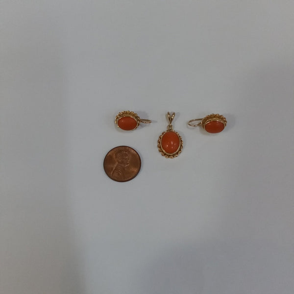 14K Gold & Coral Earring & Pendant Set - Big Reuse