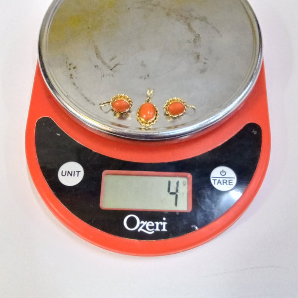 14K Gold & Coral Earring & Pendant Set - Big Reuse