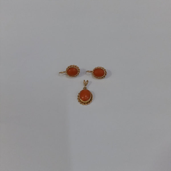 14K Gold & Coral Earring & Pendant Set - Big Reuse