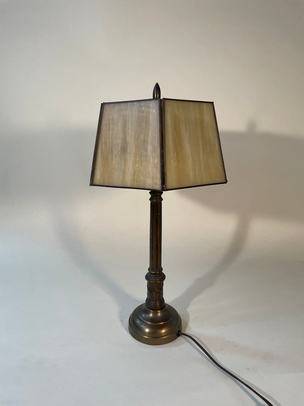 Mid Century Hexagonal 2-Light Slag Glass Lamp