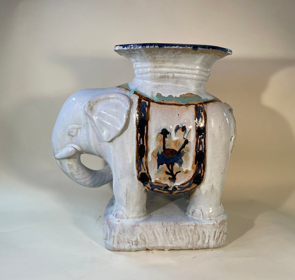 Vintage Boho Glazed Ceramic Elephant Stool