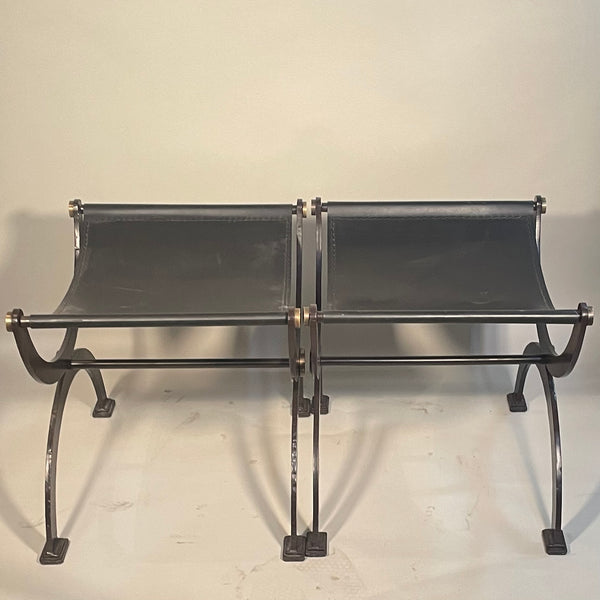 Pair of Vintage French Iron and Leather Stool Finished With Brass Hardware