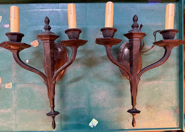 Pair of Antique 2 Arm Bronze Regency Torch Wall Sconce - Big Reuse