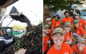 On left a backhoe is dumping food scraps and on the right there's an outreach team