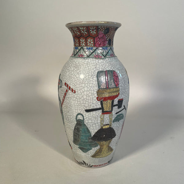 Vintage Crackle Vase with Embossed Enamel Design - Big Reuse